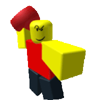 a roblox character with a red shirt and yellow arm is holding a red hammer .