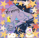 a good morning greeting card with a white cat and stars