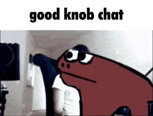 a cartoon character says good knob chat in front of a man