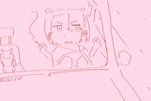a drawing of a person in a car with a bottle of perfume in the background