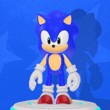 a cartoon sonic the hedgehog is standing on a white podium