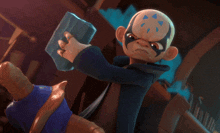 a cartoon character with a worm sticking out of his arm