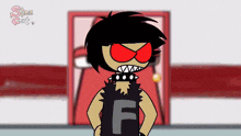 a cartoon character wearing a black shirt with the letter f on the front