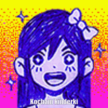 a drawing of a girl with blue hair and a bow in her hair .