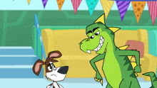 a cartoon of a dog and a green dinosaur