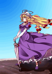 a girl in a purple dress and white gloves holding an umbrella