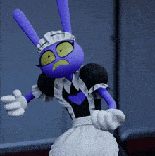 a purple cartoon character wearing a maid outfit with a heart on her chest