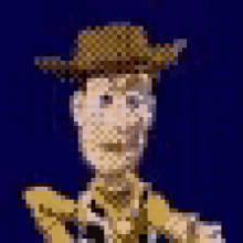 woody from toy story is wearing a cowboy hat and holding a gun in this pixel art .