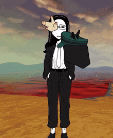 a cartoon drawing of a woman in a suit covering her face with her hand