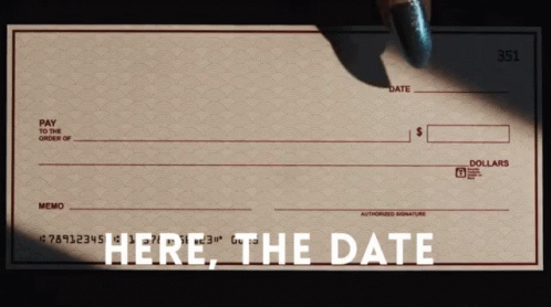 An instructional GIF! How to fill out a personal check. A single finger with emerald glittering nail pointing to the lines (as caption text hovers) for "here, the name," "here, the amount," "here, the amount, only in letters," and "and here... the secret" (finger points to the memo line).