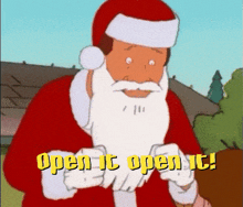 a cartoon of santa claus with the words open it open it