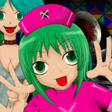 a girl with green hair and a pink hat with a cross on it