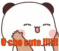 a panda bear is covering its face with its hand and saying `` u cho cute '' .