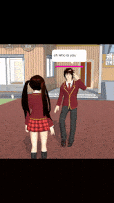 a boy and a girl are standing in front of a house and the girl is talking to the boy