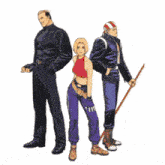 a group of people standing next to each other with one holding a stick