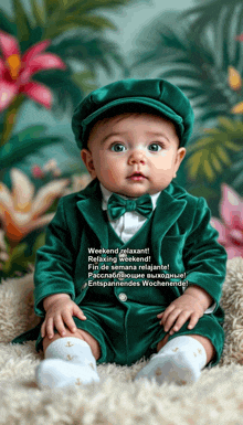 a baby in a green suit and bow tie is sitting on a rug