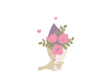 a hand holding a bouquet of pink flowers with hearts coming out of it
