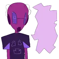 a drawing of a purple alien wearing headphones and a black shirt