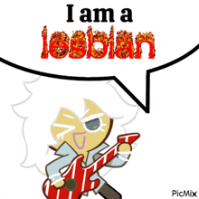 a picture of a cookie with a guitar and a speech bubble that says i am a lesbian