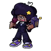 a cartoon character holding a microphone and a bottle