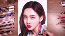a drawing of a woman 's face is surrounded by colored pencils