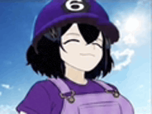 a cartoon girl wearing a purple hat and overalls is smiling .