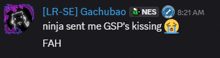 a screenshot of a ninja sent me gsp 's kissing text