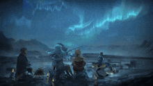 a painting of people looking at the aurora borealis