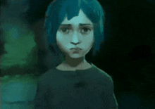 a cartoon character with blue hair is looking at the camera .