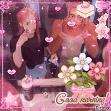 a picture of two girls brushing their teeth with the words good morning picmix on the bottom