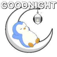 a penguin sleeping on a crescent moon with the words goodnight written above it
