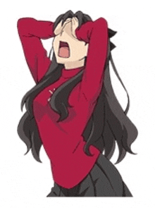 a girl with long black hair is wearing a red sweater and black skirt .