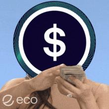 a woman is holding a stack of money with a dollar sign in front of her head