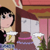 a cartoon of a girl standing in front of a volcano with the words detention written below her