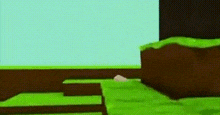 a cartoon drawing of a green field with a blue sky and a brick wall .