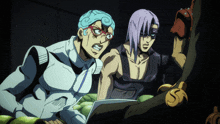 a couple of cartoon characters looking at a computer screen