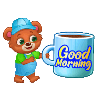 a cartoon teddy bear is holding a blue coffee cup that says good morning