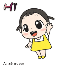 a cartoon girl in a yellow dress is waving her hand and says hi
