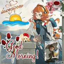 a picture of a girl and a dog with the words good morning on it