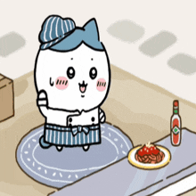 a cartoon of a cat standing next to a plate of spaghetti and a bottle of tabasco ketchup