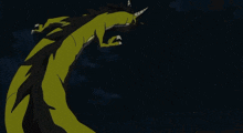 a cartoon drawing of a yellow dragon flying over buildings