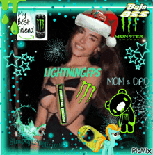 a picture of a woman wearing a santa hat with a can of monster energy