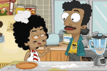 a cartoon of a man wearing a yellow shirt with mickey mouse on it talking to another man
