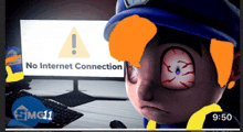 a cartoon character is looking at a computer screen that says " no internet connection "