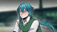 a girl with blue hair is wearing a green vest and white shirt .