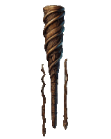 a wooden stick with a twisted design on it and three sticks attached to it .