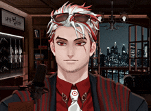 a man with red and white hair is standing in front of a microphone in a room