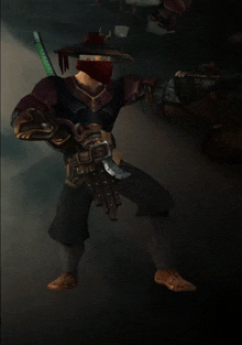 a cartoon character with a sword and a hat with chinese writing on it