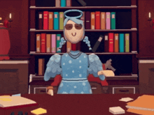 a cartoon character with a blue dress and a halo on her head