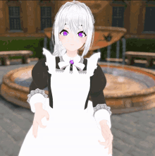 a maid with white hair and purple eyes stands in front of a water fountain